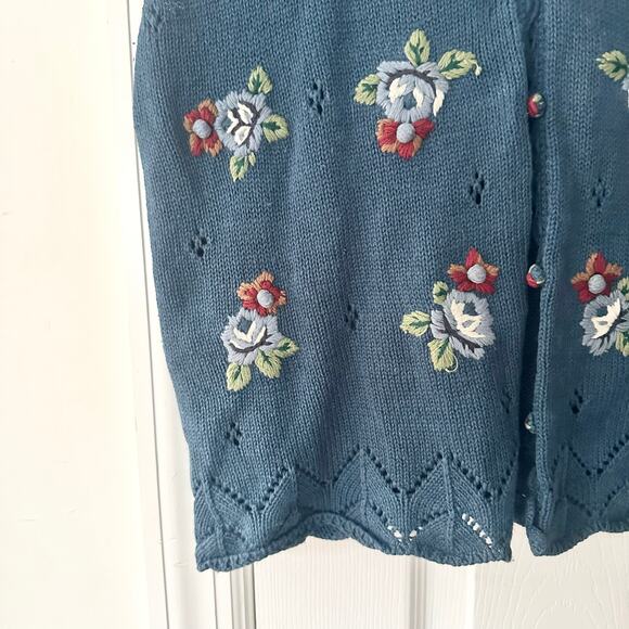 Capacity Petites Vintage 90s Blue Floral Pointelle Knit Button Vest Sweater MP - Picture 3 of 10
